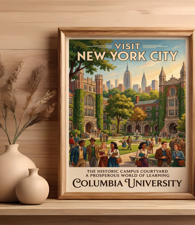 Vintage poster of Columbia University campus courtyard with New York City skyline.