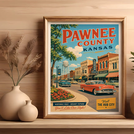Vintage Pawnee County Kansas travel poster depicting downtown Larned.