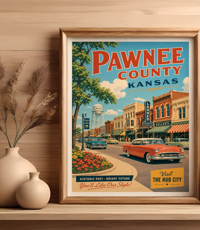 Vintage Pawnee County Kansas travel poster depicting downtown Larned.
