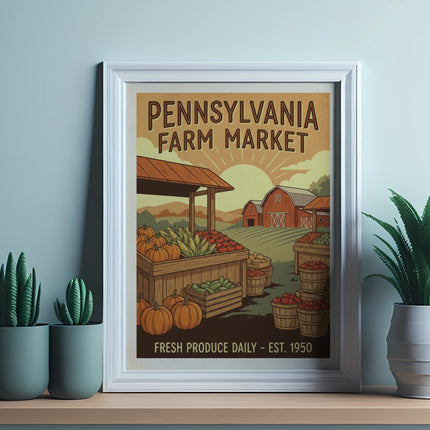 Pennsylvania Farm Market sign with produce and barn illustration.