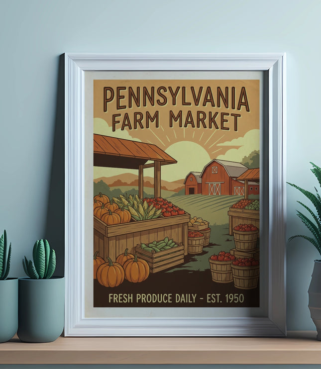 Pennsylvania Farm Market sign with produce and barn illustration.