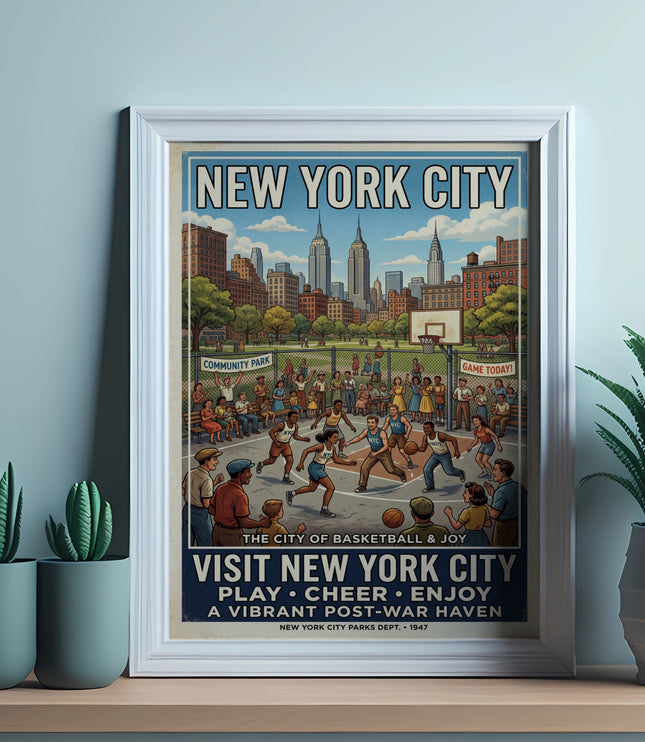 New York City basketball poster with skyline, park, and players.