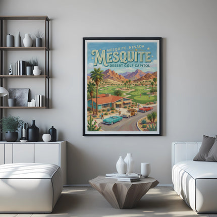 Retro travel poster for Mesquite, Nevada, the Desert Golf Capitol.
