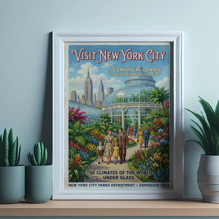 Vintage New York City poster featuring Conservatory Gardens and text about a tropical oasis.