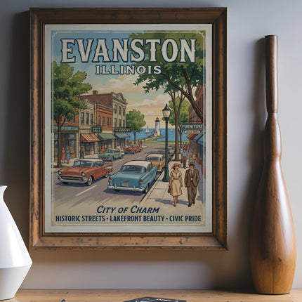 Framed Evanston Illinois vintage travel poster with classic cars and city skyline.
