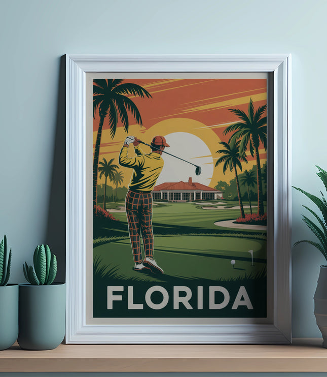 Vintage Florida golf poster with golfer, palm trees, and clubhouse.