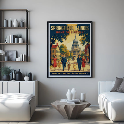 Springfield, Illinois Home of Lincoln vintage travel poster with families walking.