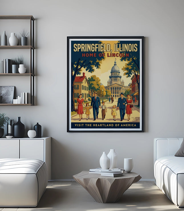 Springfield, Illinois Home of Lincoln vintage travel poster with families walking.