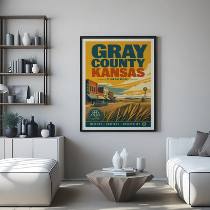 Gray County, Kansas poster with Cimarron landmarks and "Wide Open Spaces" text.