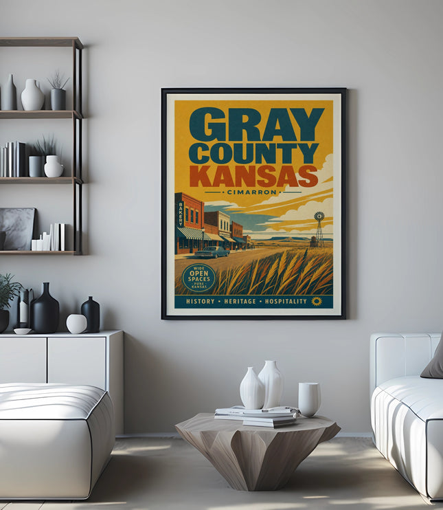 Gray County, Kansas poster with Cimarron landmarks and "Wide Open Spaces" text.