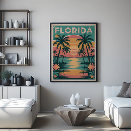Framed Florida sunset scene with palm trees over water.