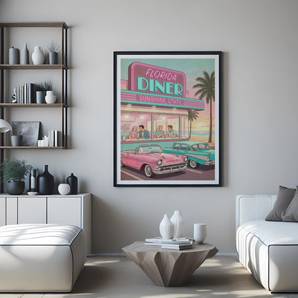 Vintage Florida Diner poster with cars and people.