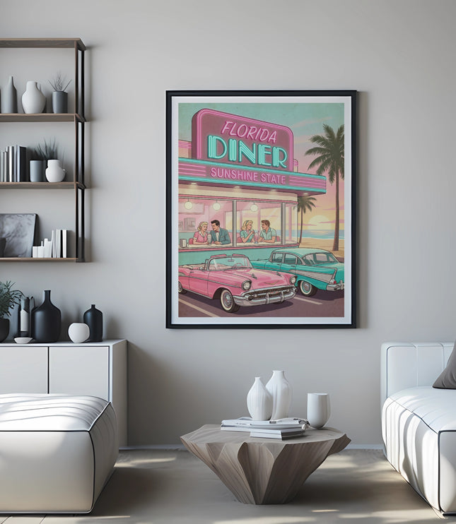 Vintage Florida Diner poster with cars and people.