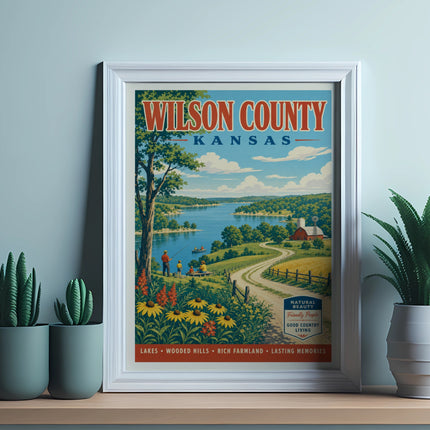 Wilson County Kansas poster with nature scene and text.