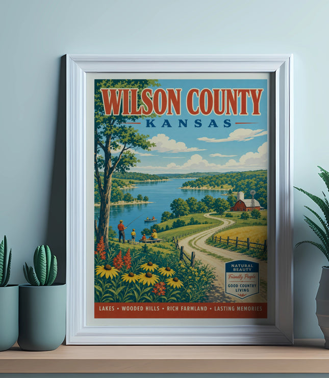 Wilson County Kansas poster with nature scene and text.