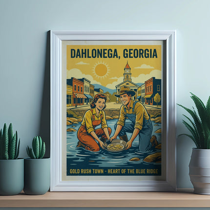 Dahlonega, Georgia gold rush poster with people panning for gold.