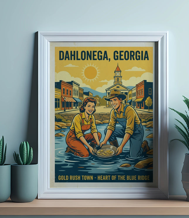 Dahlonega, Georgia gold rush poster with people panning for gold.