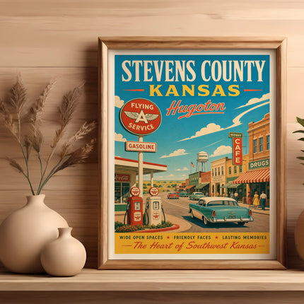 Vintage Stevens County, Kansas travel poster with Hugoton and vintage cars.