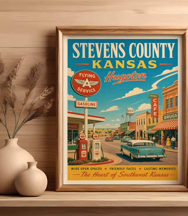 Vintage Stevens County, Kansas travel poster with Hugoton and vintage cars.