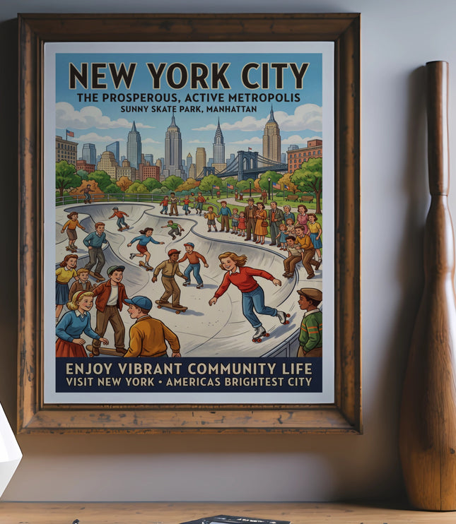 New York City vintage poster of a skate park with skyline and text.