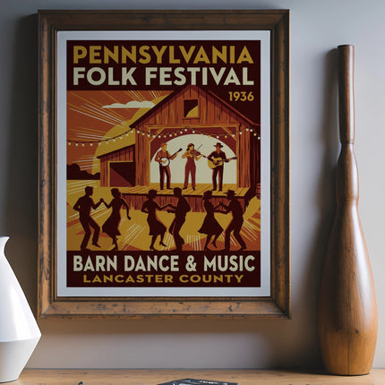Pennsylvania Folk Festival 1936 Barn Dance Music poster with dancing figures.