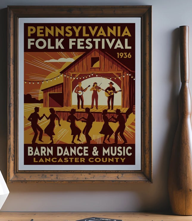 Pennsylvania Folk Festival 1936 Barn Dance Music poster with dancing figures.