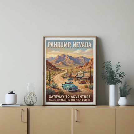 Pahrum, Nevada vintage travel poster with car on desert highway.