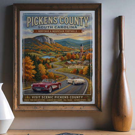 Vintage poster of Pickens County, South Carolina, with cars driving through autumn foliage.