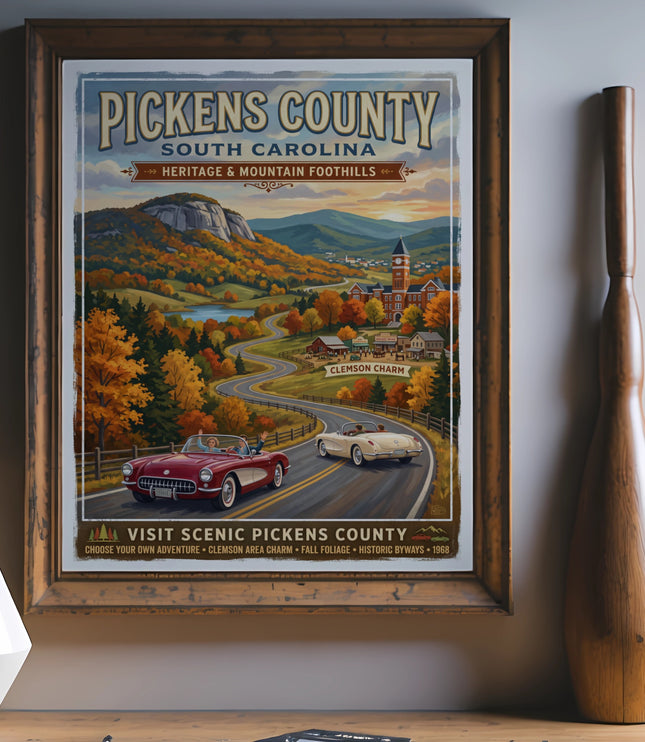 Vintage poster of Pickens County, South Carolina, with cars driving through autumn foliage.