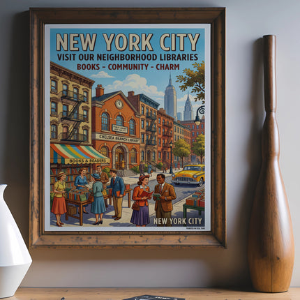 Vintage New York City poster showing the Chelsea Branch Library and street scene.
