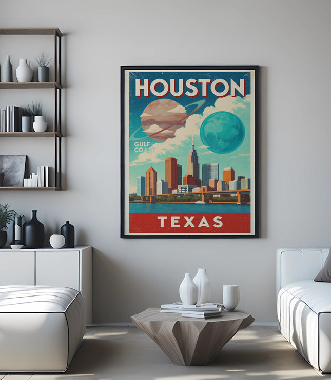 Vintage Houston Gulf Coast Texas skyline art print with planets.