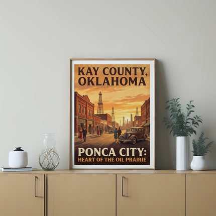 Poster of Kay County, Oklahoma, featuring Ponca City with oil derricks and vintage cars.
