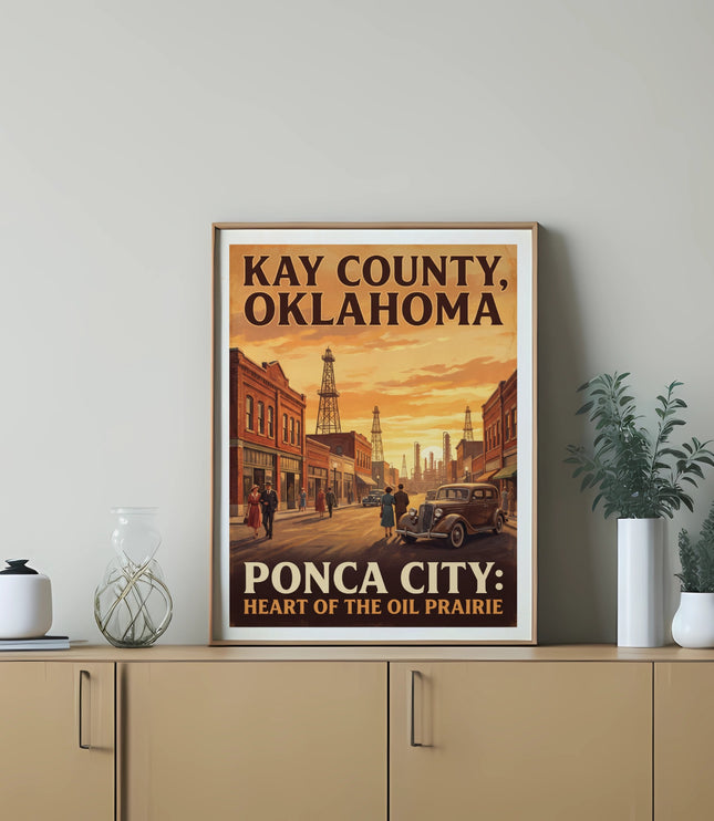 Poster of Kay County, Oklahoma, featuring Ponca City with oil derricks and vintage cars.