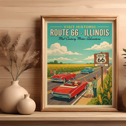Vintage Route 66 Illinois poster with cars and roadside attractions.