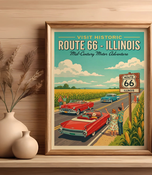 Vintage Route 66 Illinois poster with cars and roadside attractions.