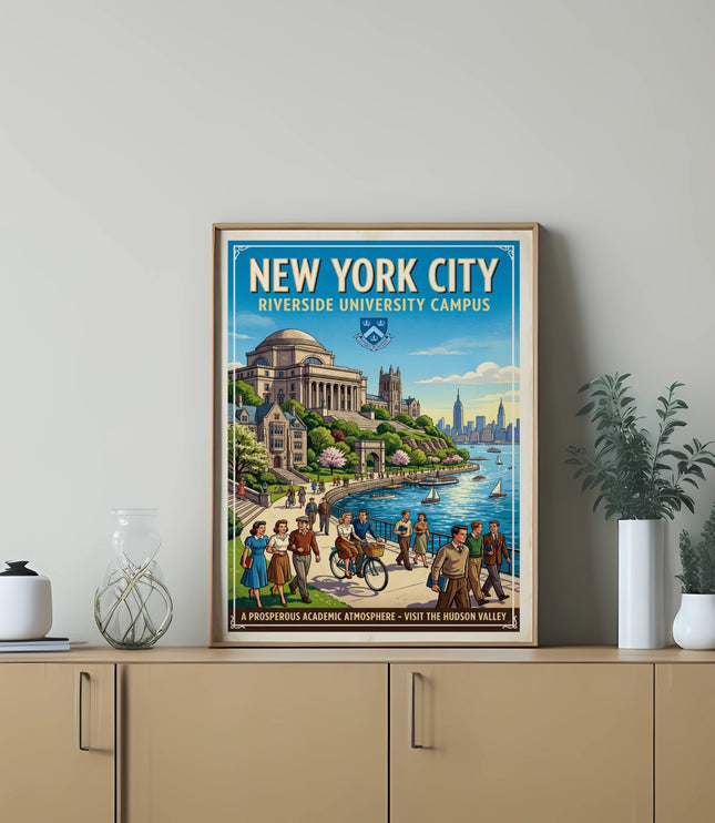 New York City Riverside University Campus poster with people by the water.