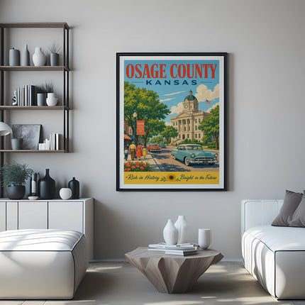 Osage County, Kansas poster with vintage car and text "A Good Place to Live".