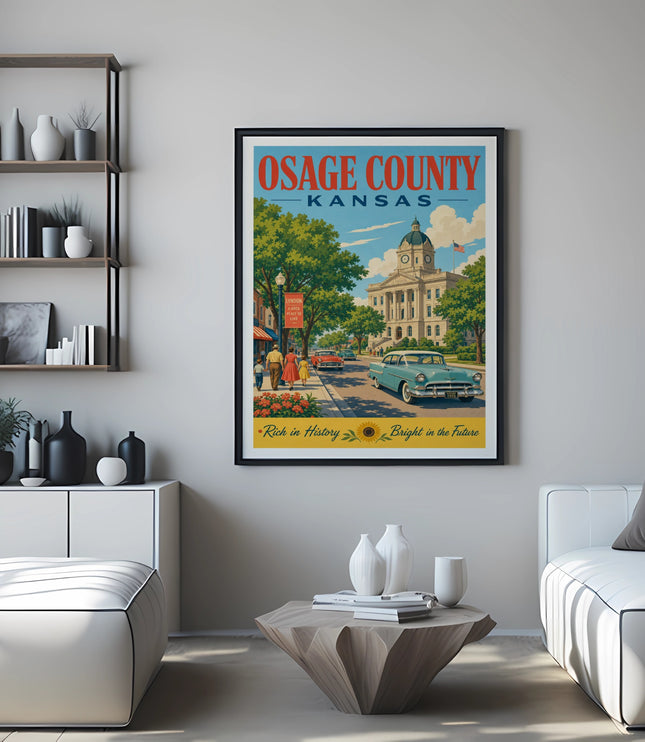 Osage County, Kansas poster with vintage car and text "A Good Place to Live".