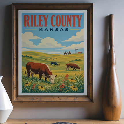 Retro Riley County, Kansas poster with cows grazing in a field.