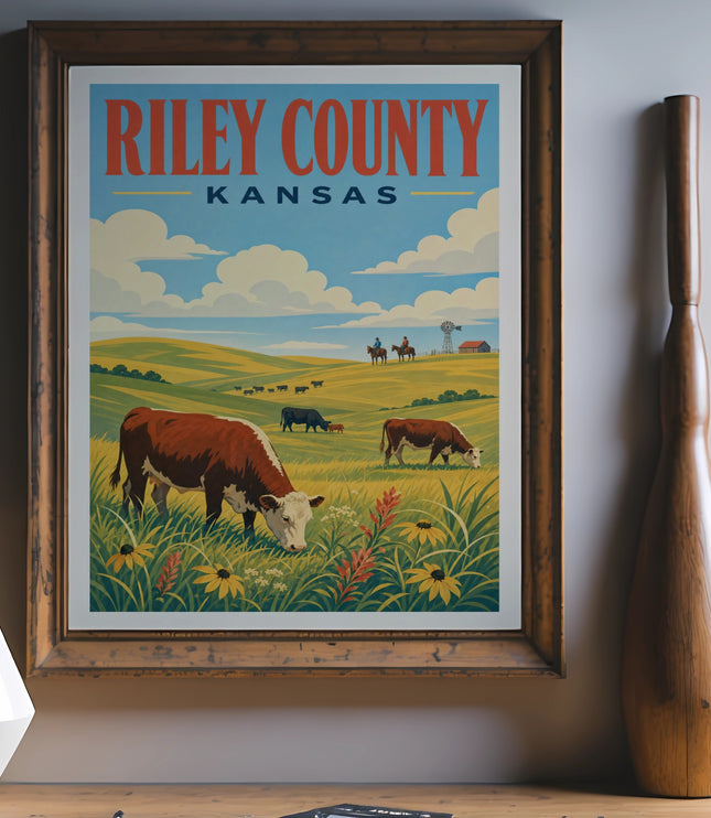 Retro Riley County, Kansas poster with cows grazing in a field.