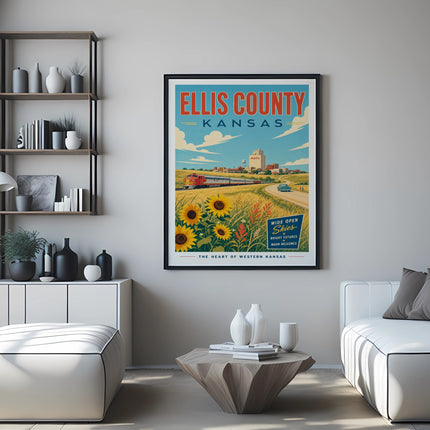 Ellis County Kansas poster with train, sunflowers, and text.