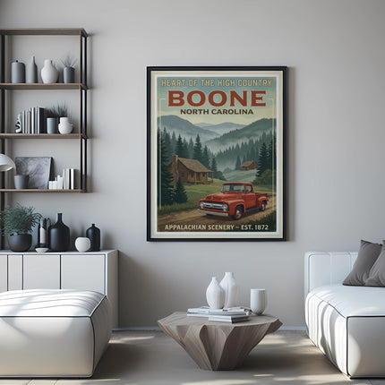 Poster of Boone, North Carolina, featuring a log cabin, red truck, and mountains.