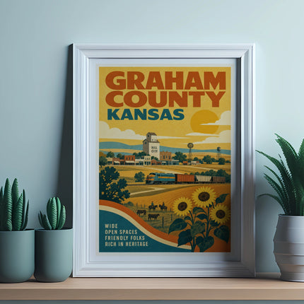Vintage Graham County, Kansas poster featuring a train and sunflowers.