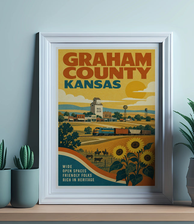 Vintage Graham County, Kansas poster featuring a train and sunflowers.