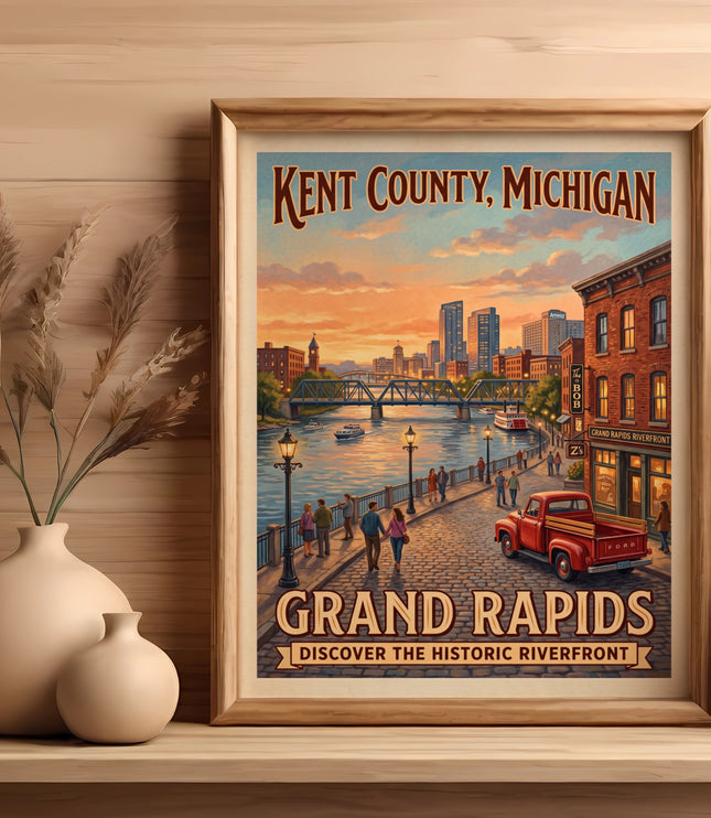 Poster art of Kent County, Michigan featuring Grand Rapids riverfront with buildings, bridge, and truck.
