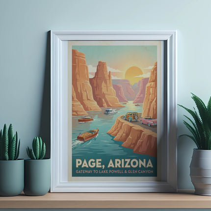 Page, Arizona retro travel art with boats and canyons, gateway to Lake Powell Glen Canyon.