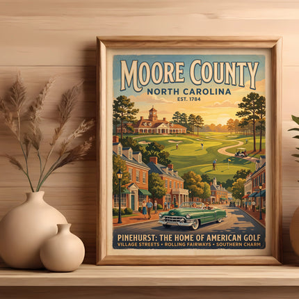 Vintage poster of Moore County, North Carolina, depicting golf course and village scenes.