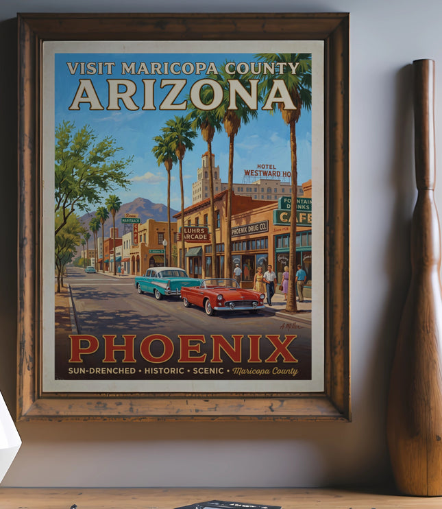 Vintage travel poster for Phoenix, Arizona featuring classic cars and buildings.