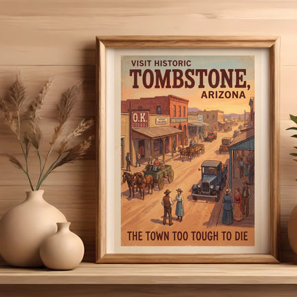 Vintage poster of Tombstone, Arizona, depicting a western street scene and horses.