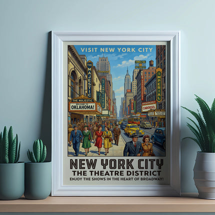 New York City Theatre District poster featuring Broadway shows and vintage city street scene.